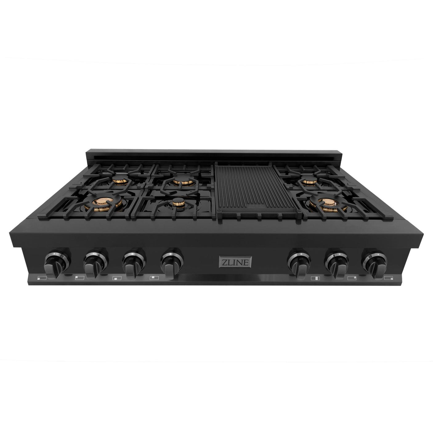 ZLINE 48" Porcelain Gas Stovetop in Black Stainless with 7 Gas Burners and Griddle (RTB-BR-48) [Color: Black Stainless Steel With Brass Burners]