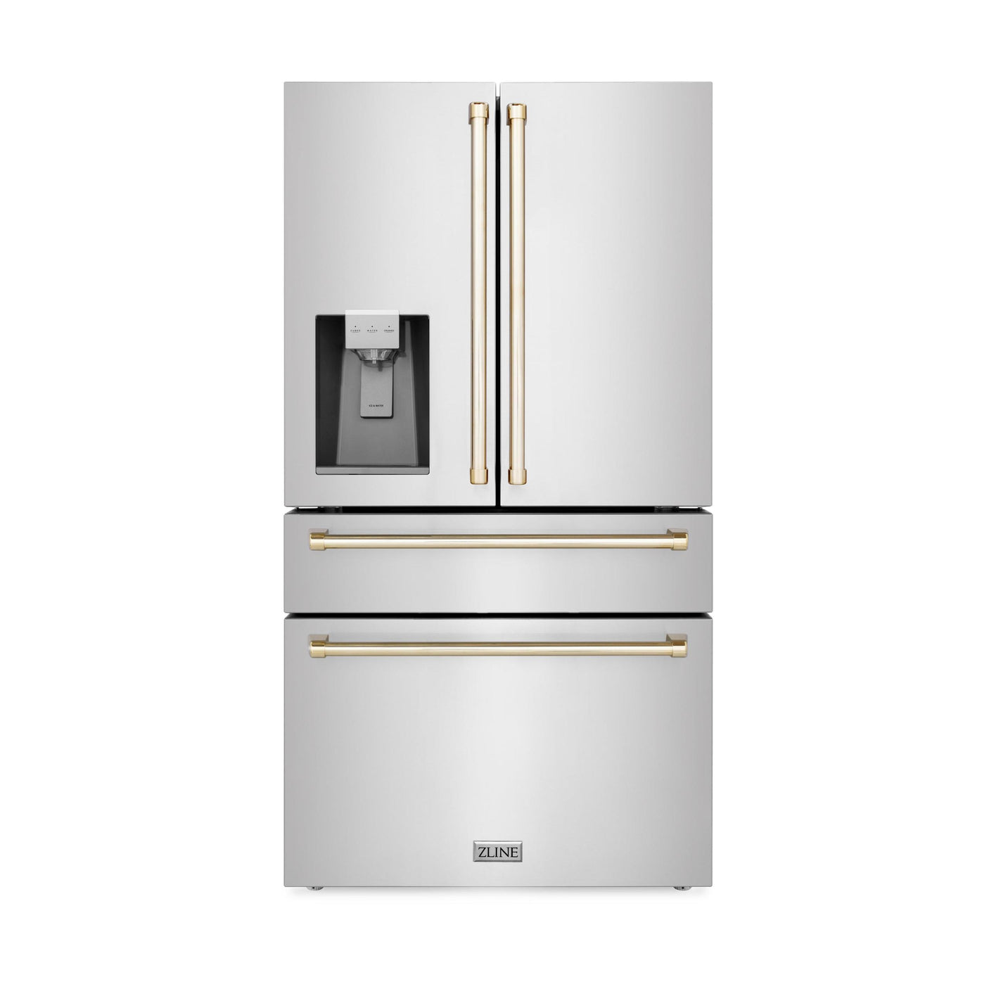 ZLINE 36" Autograph Edition 21.6 cu. ft Freestanding French Door Refrigerator with Water and Ice Dispenser in Fingerprint Resistant Stainless Steel with Accents (RFMZ-W-36) [Color: Gold Accents]