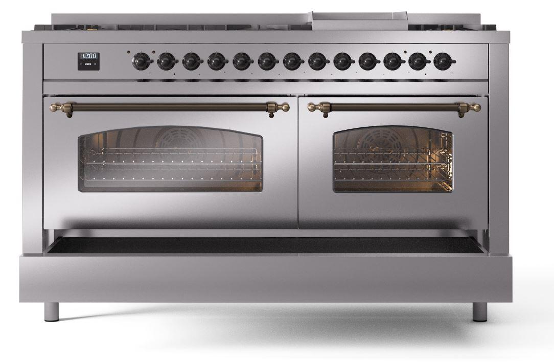 Nostalgie II 60 Inch Dual Fuel Natural Gas Freestanding Range in Stainless Steel with Bronze Trim