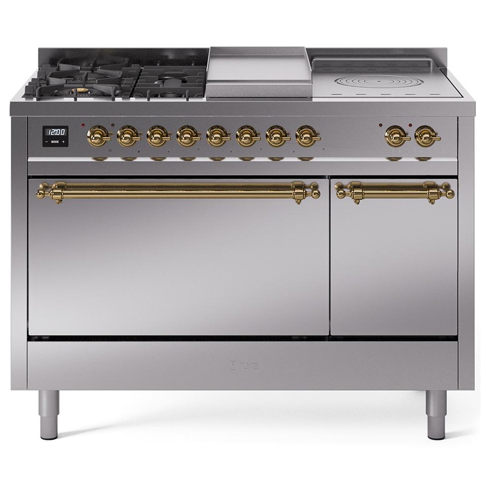 ILVE Nostalgie II 48 UP48FSQNMPSSG Freestanding Dual Fuel Range with 5 Sealed Burners Yes and French Top Double Oven with Solid Door in Stainless Steel with Brass knobs