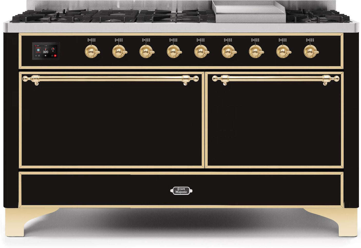 Majestic II 60 Inch Dual Fuel Natural Gas Freestanding Range in Glossy Black with Brass Trim