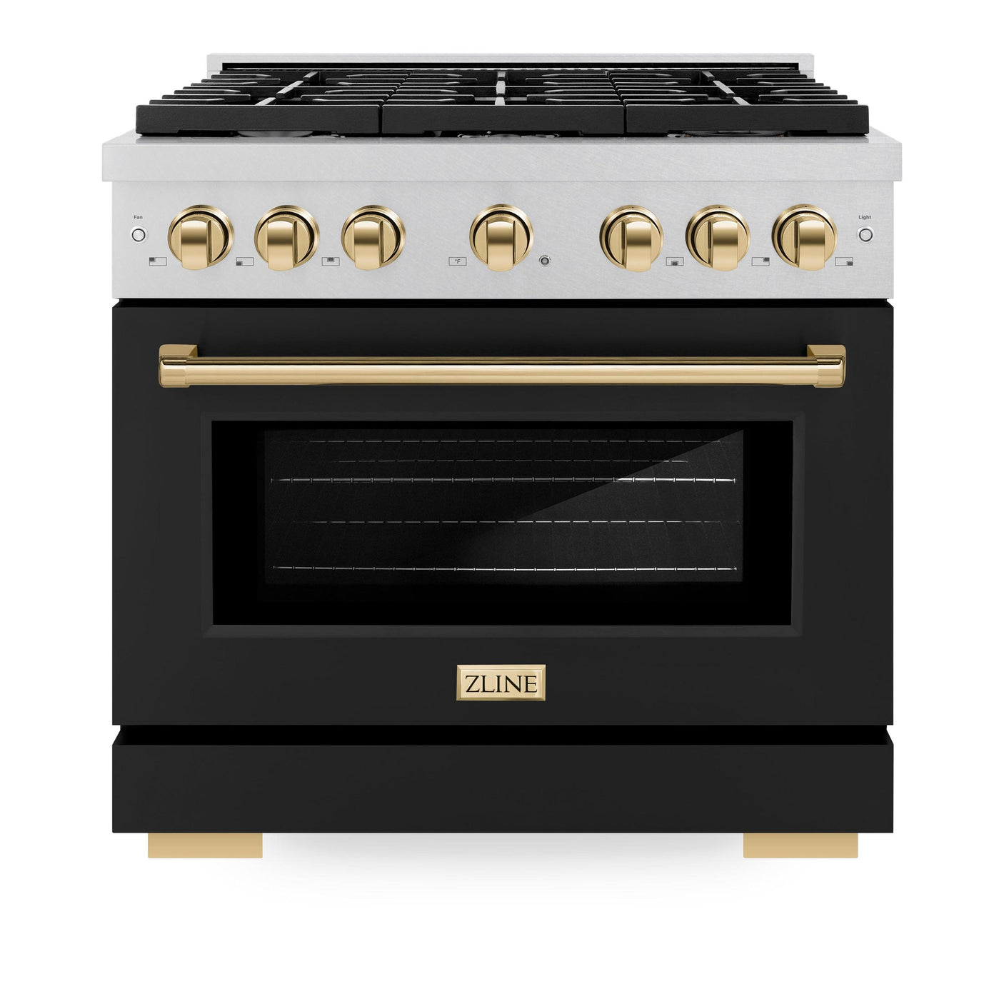 ZLINE Autograph Edition 36 in. 5.2 cu. ft. Paramount Gas Range with 6 Burner Cooktop and Convection Gas Oven in DuraSnow' Stainless Steel with Black Matte Door and Polished Gold Accents (SGRSZ-BLM-36-G)