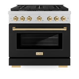 ZLINE Autograph Edition 36 in. 5.2 cu. ft. Paramount Gas Range with 6 Burner Cooktop and Convection Gas Oven in DuraSnow' Stainless Steel with Black Matte Door and Polished Gold Accents (SGRSZ-BLM-36-G)