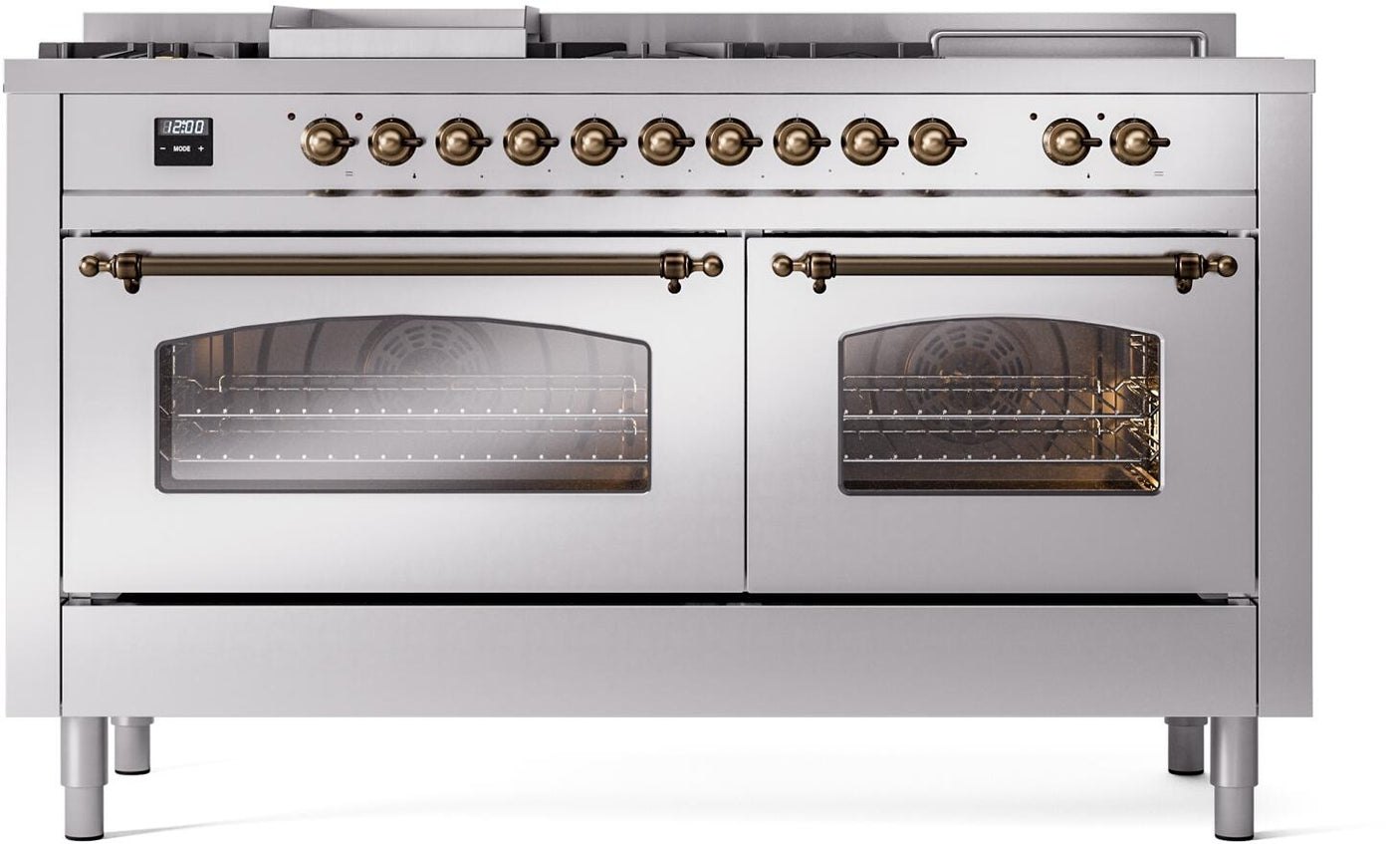 Nostalgie II 60 Inch Dual Fuel Natural Gas Freestanding Range in Stainless Steel with Bronze Trim