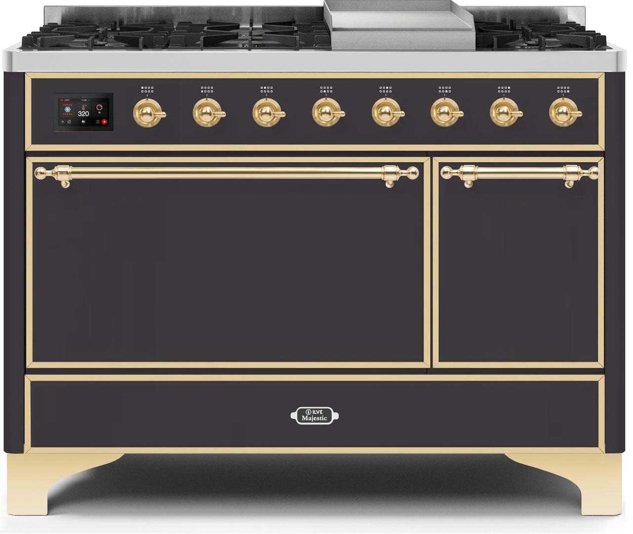 Majestic II 48 Inch Dual Fuel Natural Gas Freestanding Range in Matte Graphite with Brass Trim