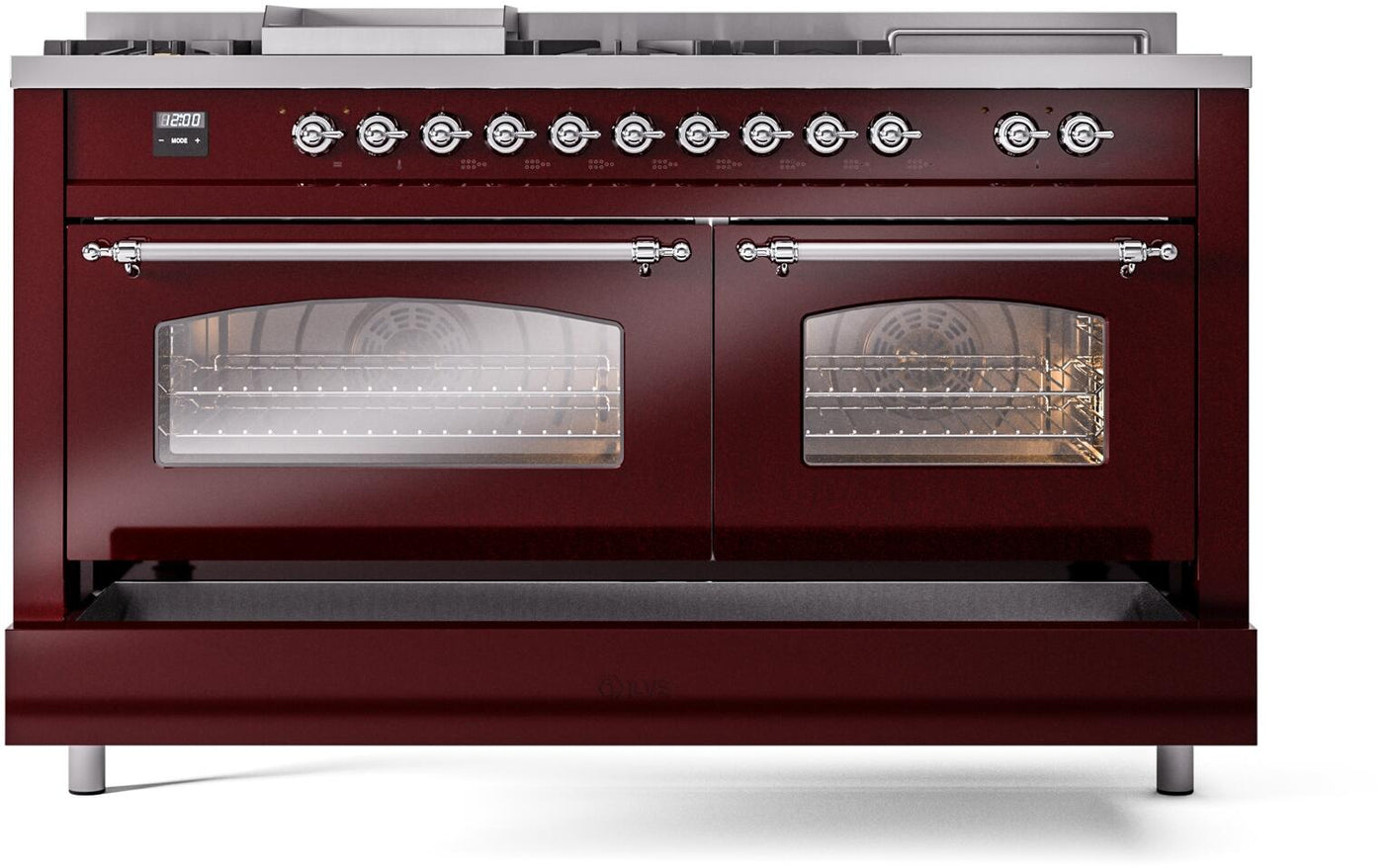 Nostalgie II 60 Inch Dual Fuel Liquid Propane Freestanding Range in Burgundy with Chrome Trim