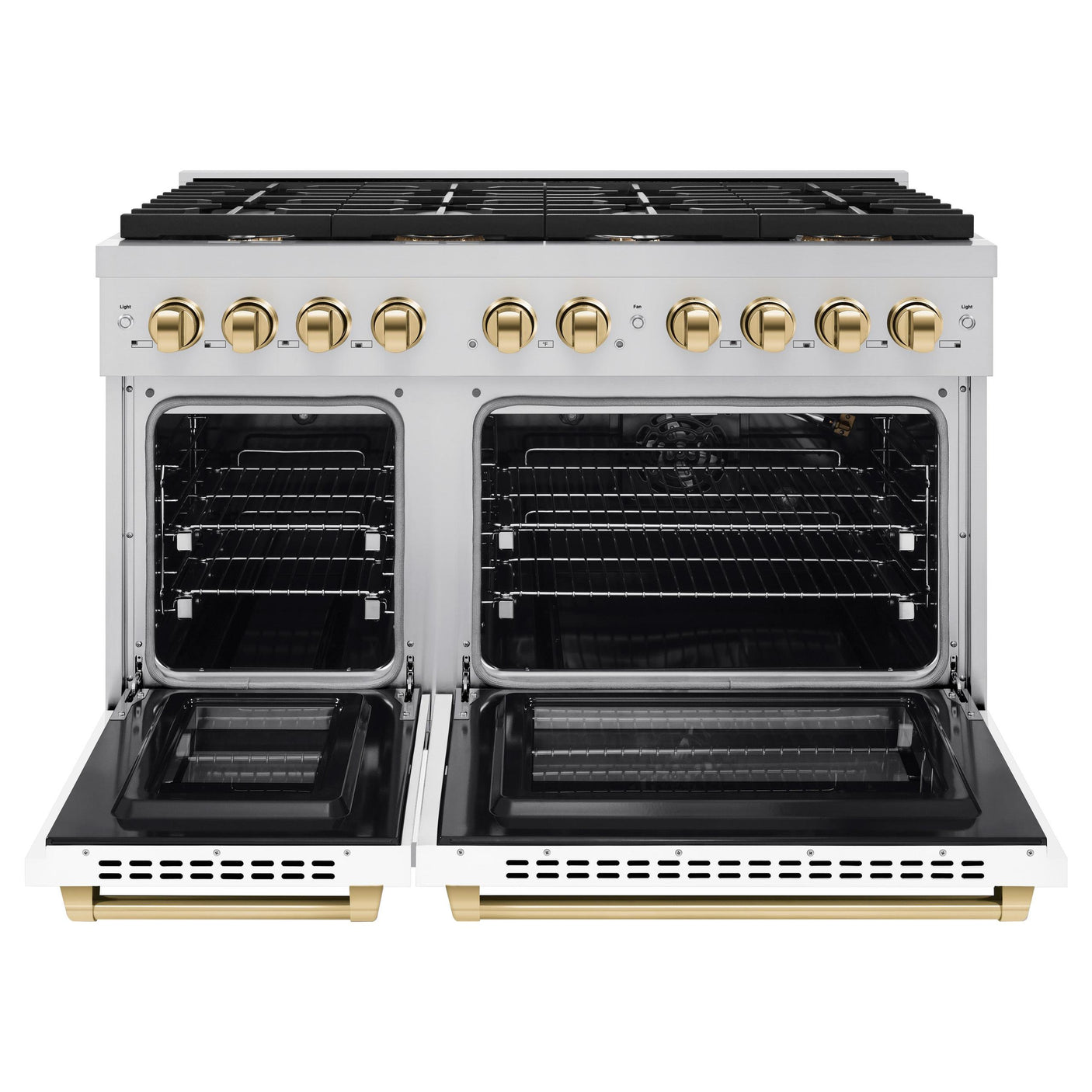 ZLINE Autograph Edition 48 in. 6.7 cu. ft. 8 Burner Double Oven Gas Range in Stainless Steel with White Matte Doors and Polished Gold Accents (SGRZ-WM-48-G)