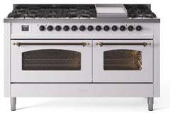 Nostalgie II 60 Inch Dual Fuel Natural Gas Freestanding Range in White with Bronze Trim