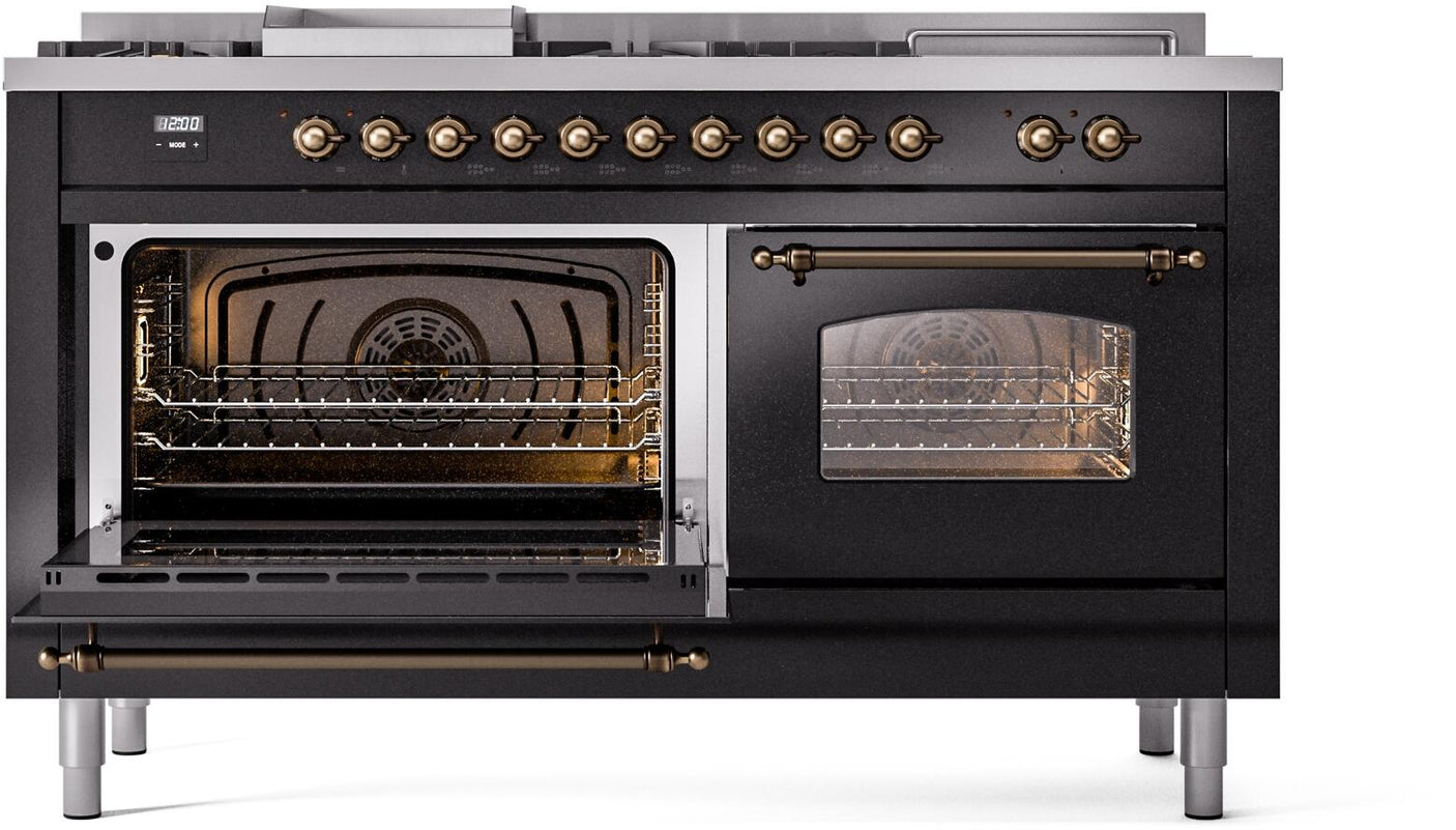 Nostalgie II 60 Inch Dual Fuel Natural Gas Freestanding Range in Glossy Black with Bronze Trim