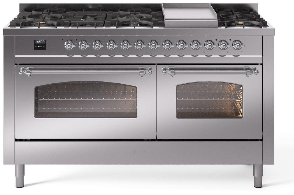 Nostalgie II 60 Inch Dual Fuel Natural Gas Freestanding Range in Stainless Steel with Chrome Trim