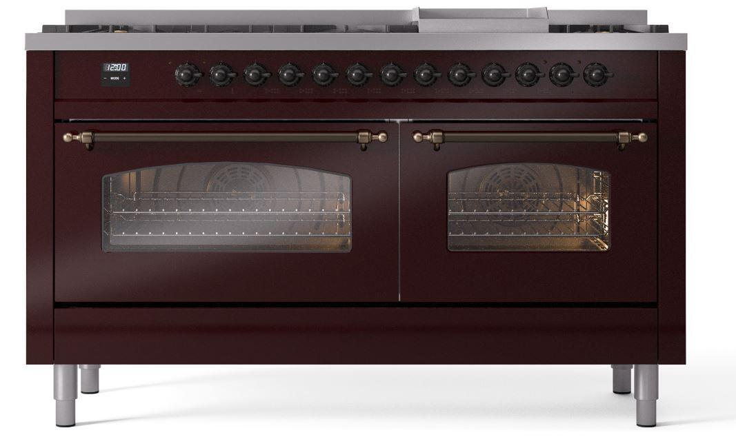 Nostalgie II 60 Inch Dual Fuel Liquid Propane Freestanding Range in Burgundy with Bronze Trim