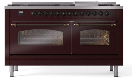 Nostalgie II 60 Inch Dual Fuel Liquid Propane Freestanding Range in Burgundy with Bronze Trim