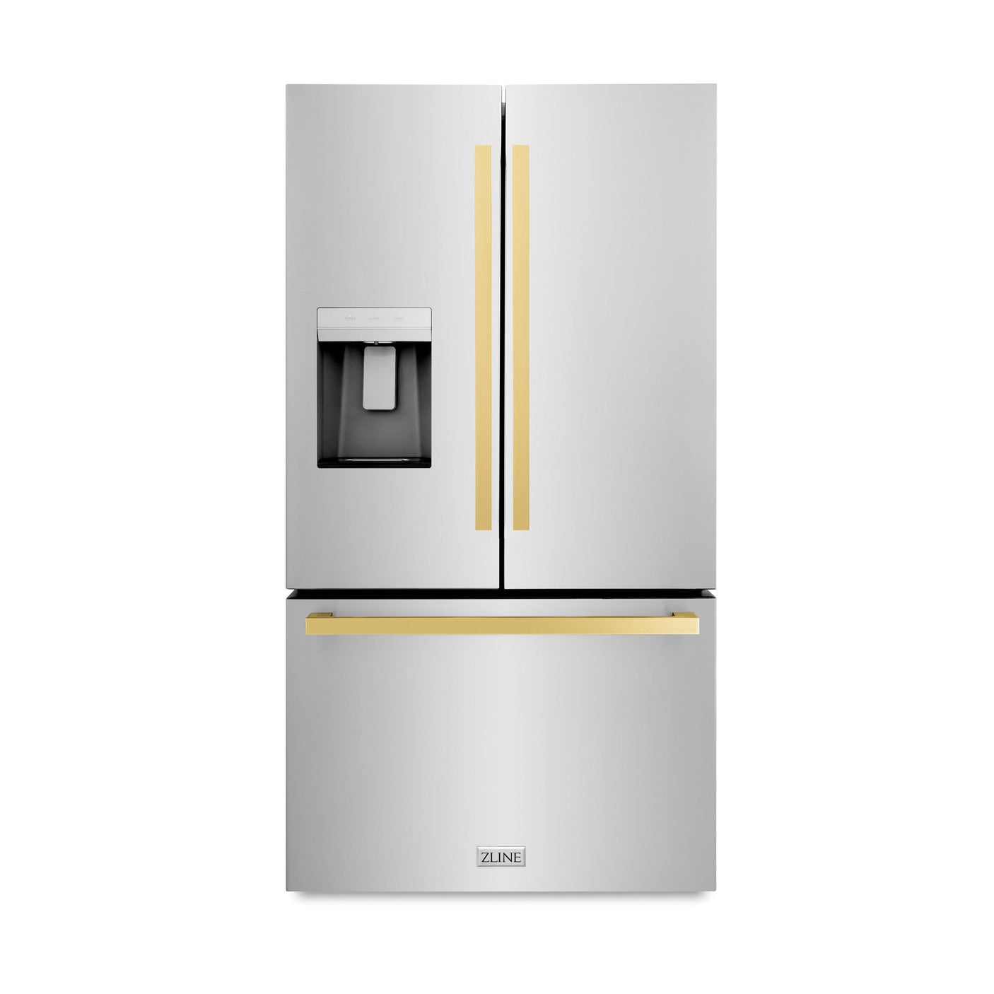 ZLINE 36 in. Autograph Edition 21.6 cu. ft 4-Door French Door Refrigerator with Water and Ice Dispenser in Stainless Steel with Polished Gold Modern Handles (RFMZ-W-36-FG)