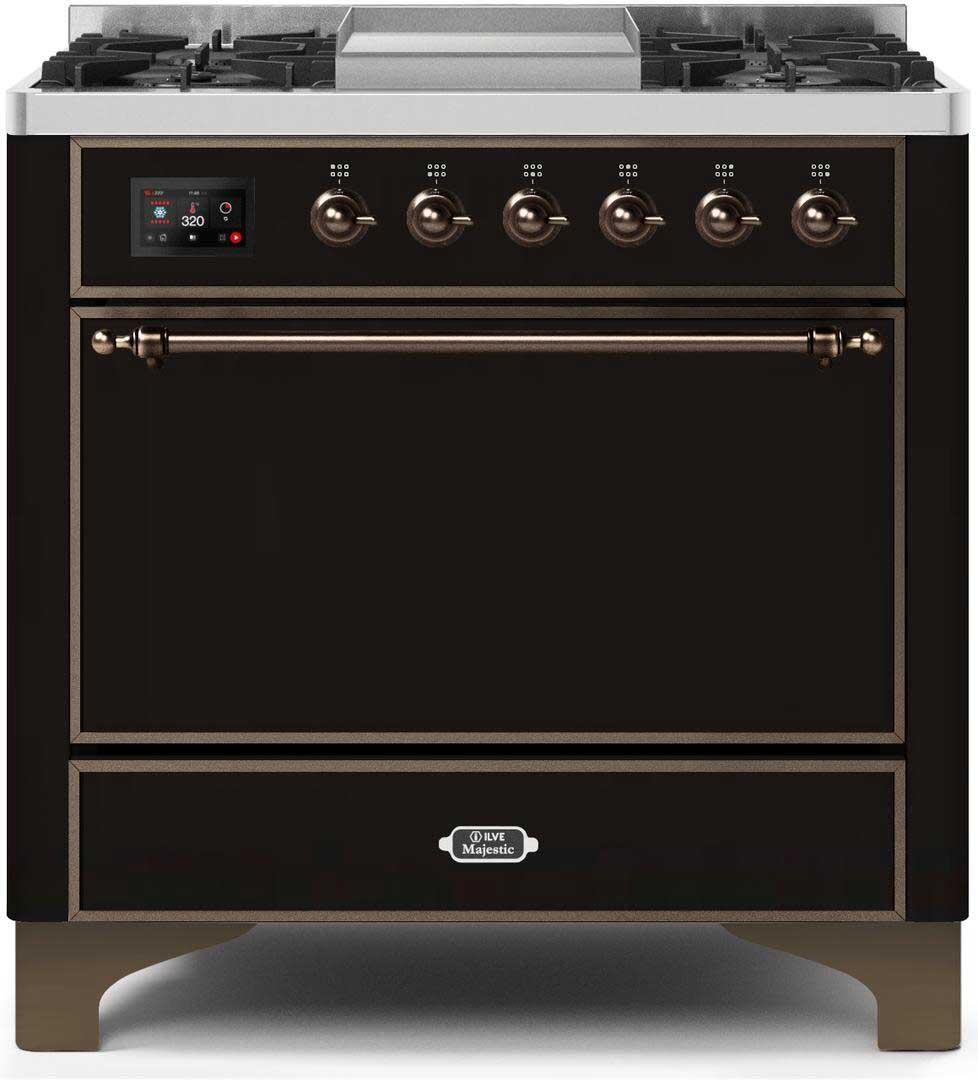 Majestic II 36 Inch Dual Fuel Liquid Propane Freestanding Range in Glossy Black with Bronze Trim