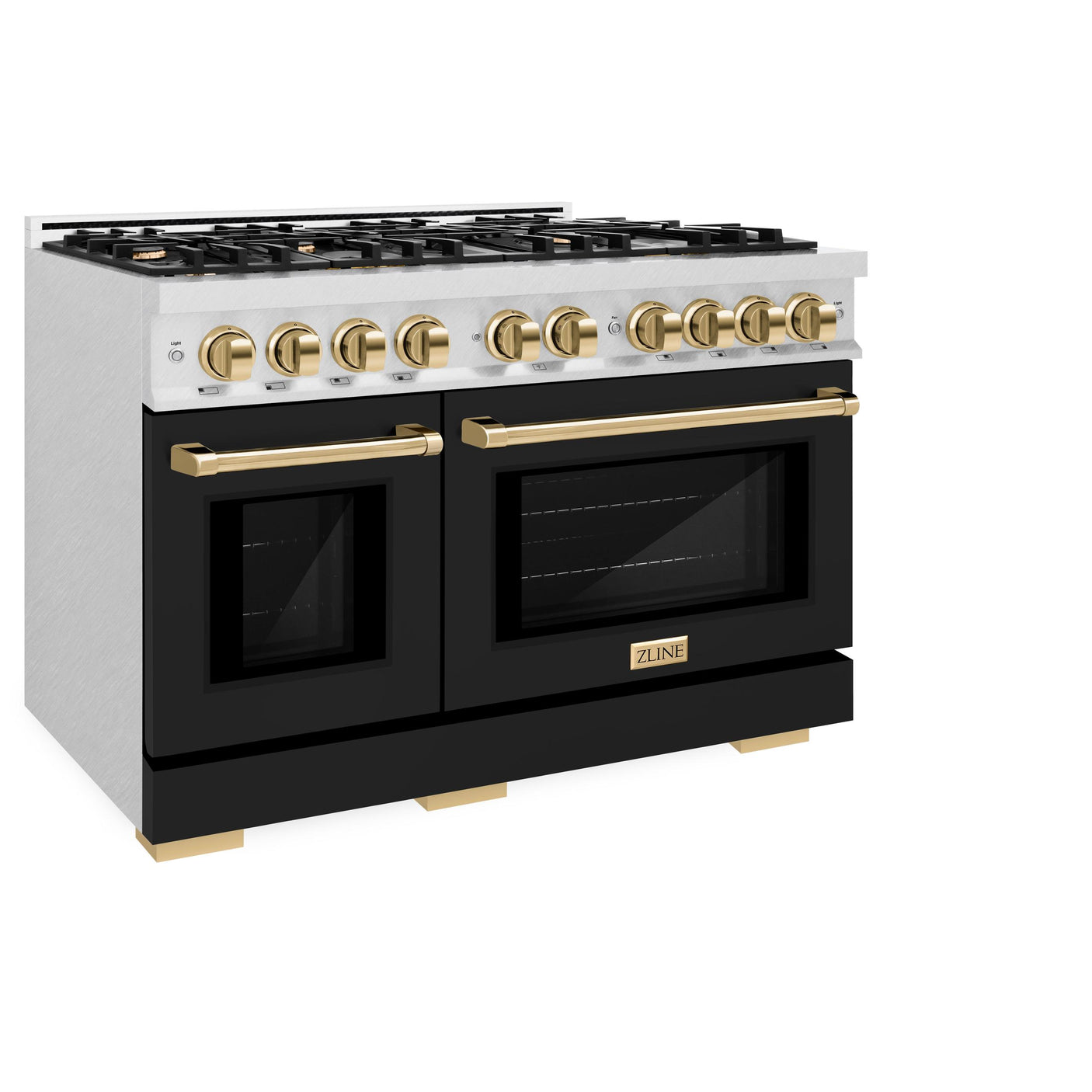 ZLINE Autograph Edition 48 in. 6.7 cu. ft. Select Double Oven Dual Fuel Range with 8 Burner Gas Cooktop in DuraSnow' Stainless Steel with Black Matte Doors and Polished Gold Accents (HDRSZ-BLM-48-G)