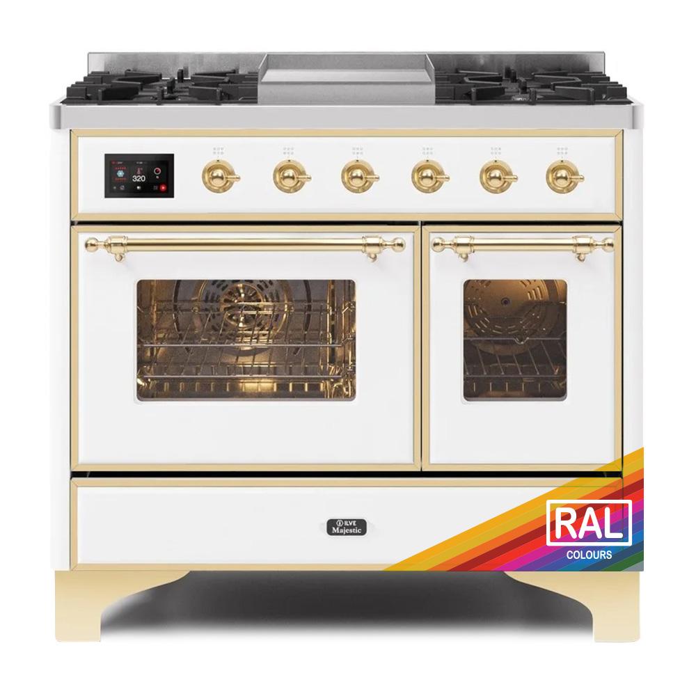 ILVE Majestic II 40 UMD10FDNS3RAG Freestanding Dual Fuel Range with 6 Sealed Burners Yes Double Oven with Triple Glass Door in RAL Color with Brass knobs