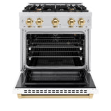 ZLINE Autograph Edition 30 in. 4.2 cu. ft. Select Gas Range with 4 Burner Cooktop and Convection Gas Oven in DuraSnow' Stainless Steel with White Matte Door and Polished Gold Accents (HGRSZ-WM-30-G)