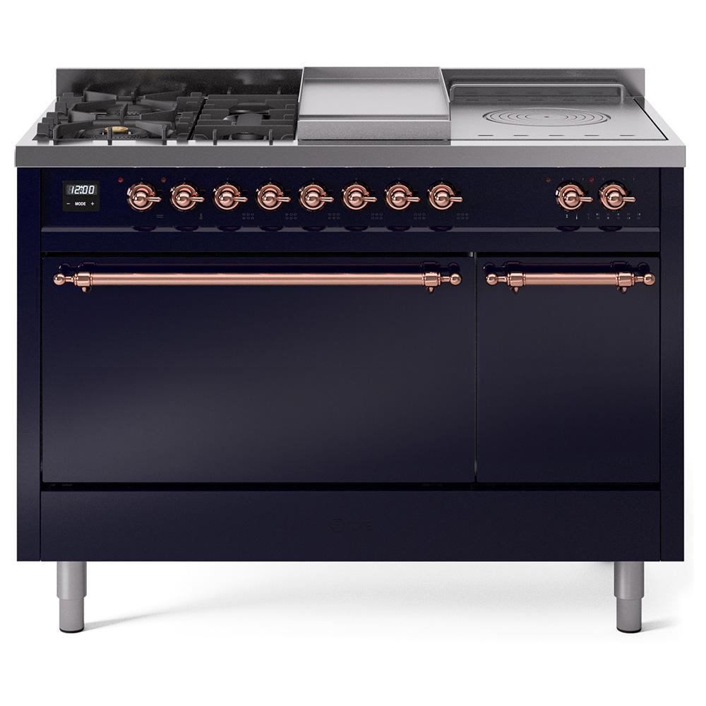 ILVE Nostalgie II 48 UP48FSQNMPMBP Freestanding Dual Fuel Range with 5 Sealed Burners Yes and French Top Double Oven with Solid Door in Midnight Blue with Copper knobs