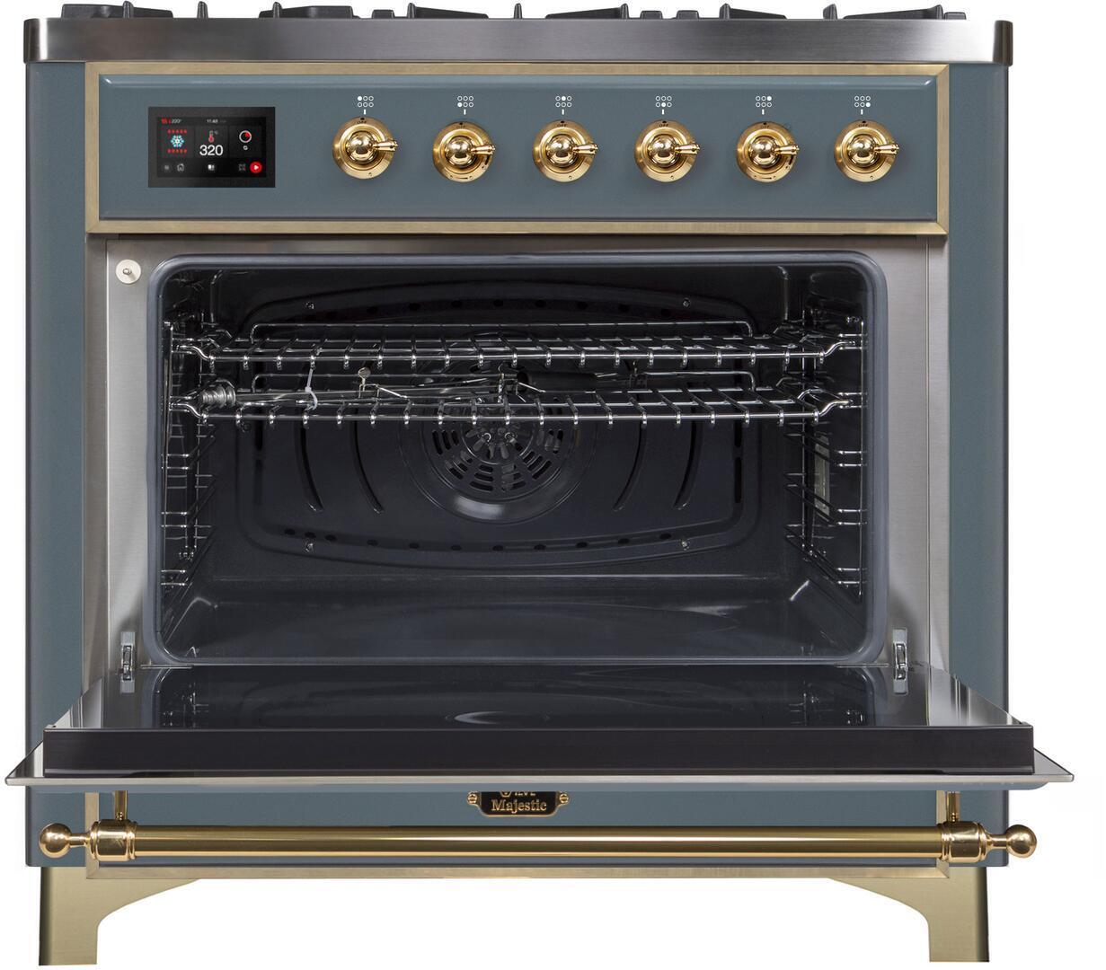 Majestic II 36 Inch Dual Fuel Liquid Propane Freestanding Range in Blue Grey with Brass Trim