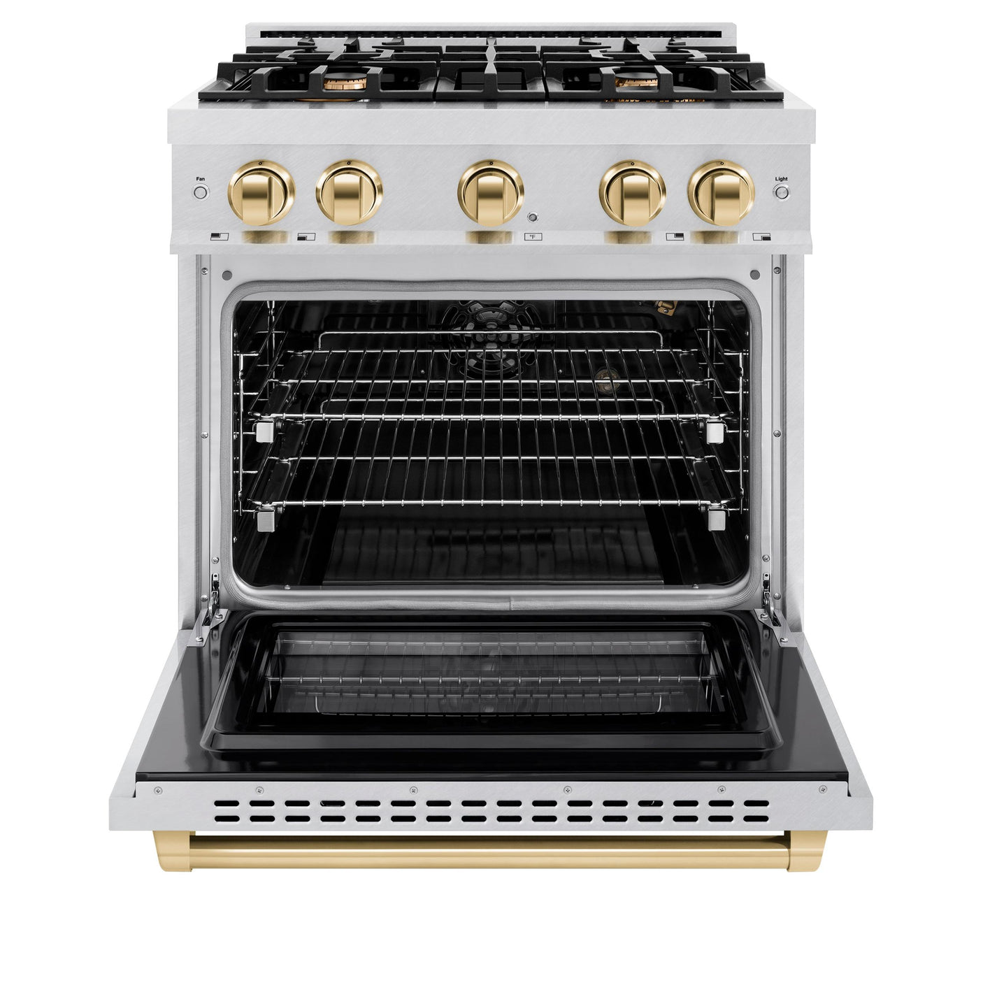 ZLINE Autograph Edition 30 in. 4.2 cu. ft. Select Gas Range with 4 Burner Cooktop and Convection Gas Oven in DuraSnow' Stainless Steel and Polished Gold Accents (HGRSZ-30-G)