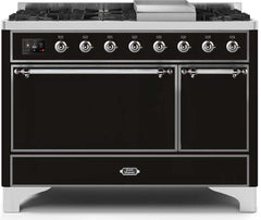 Majestic II 48 Inch Dual Fuel Natural Gas Freestanding Range in Glossy Black with Chrome Trim