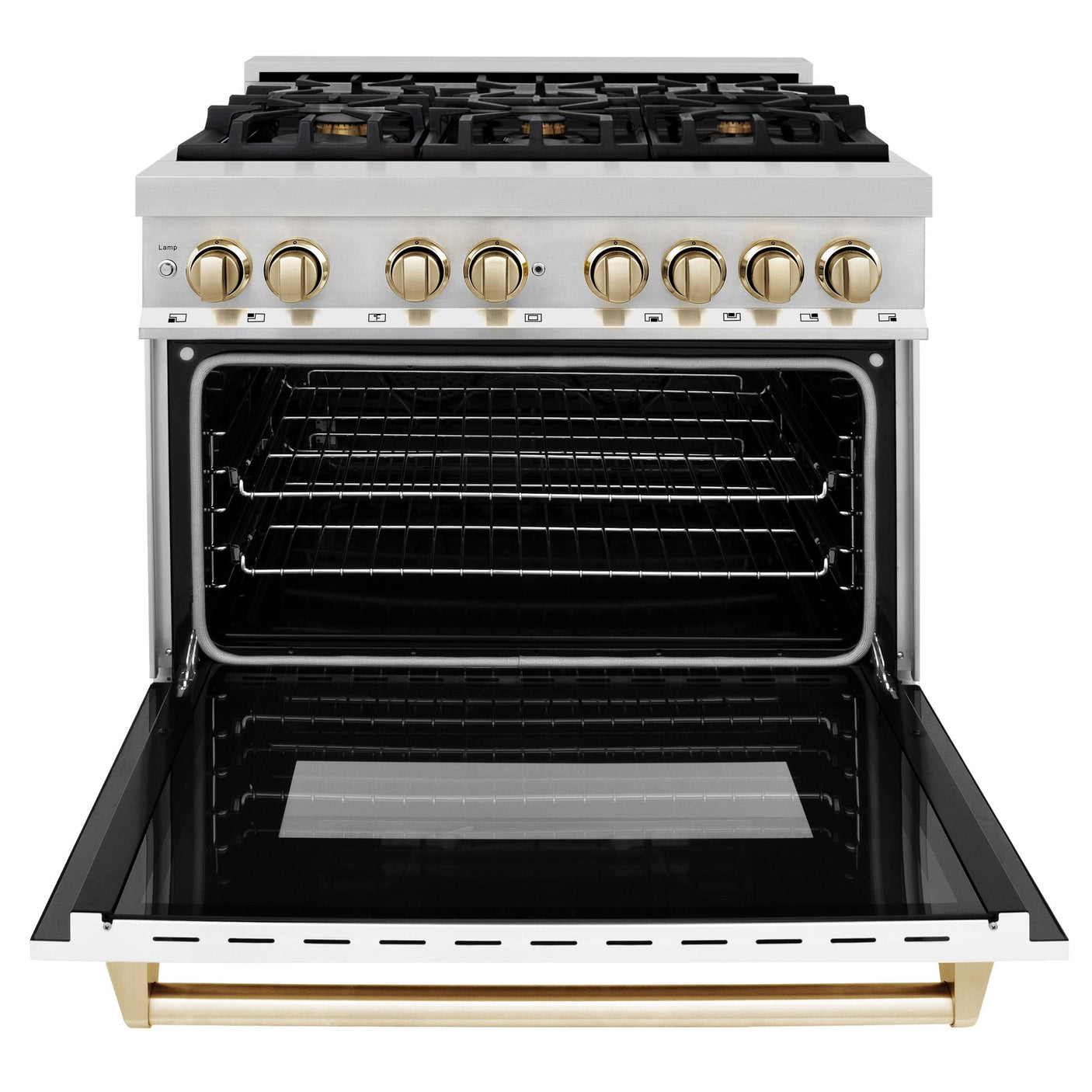 ZLINE Autograph Edition 36" 4.6 cu. ft. Dual Fuel Range with Gas Stove and Electric Oven in Stainless Steel with White Matte Door and Accents (RAZ-WM-36) [Color: Polished Gold Accents]