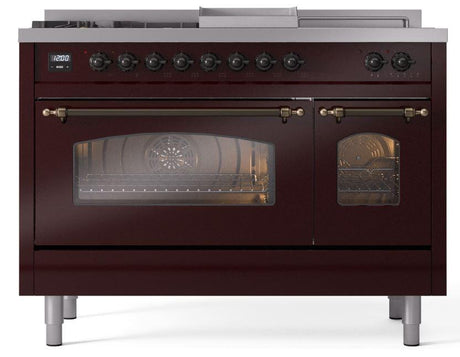 Nostalgie II 48 Inch Dual Fuel Liquid Propane Freestanding Range in Burgundy with Bronze Trim