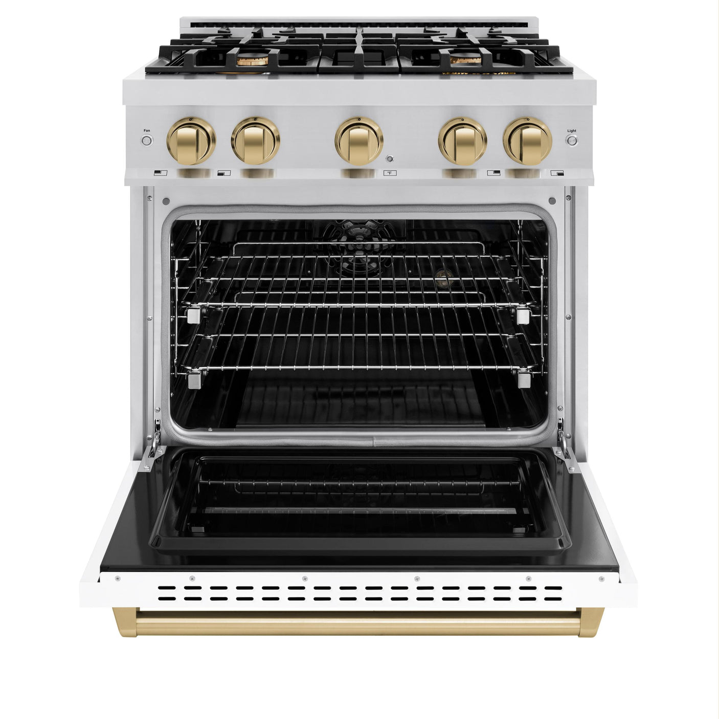 ZLINE Autograph Edition 30 in. 4.2 cu. ft. Classic Dual Fuel Range with 4 Burner Gas Cooktop and Electric Convection Oven in Stainless Steel with White Matte Door and Champagne Bronze Accents (CDRZ-WM-30-CB)