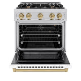 ZLINE Autograph Edition 30 in. 4.2 cu. ft. Select Gas Range with 4 Burner Cooktop and Convection Gas Oven in Stainless Steel with White Matte Door and Champagne Bronze Accents (HGRZ-WM-30-CB)