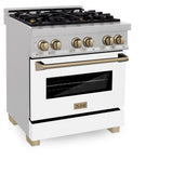 ZLINE Autograph Edition 30" 4.0 cu. ft. Dual Fuel Range with Gas Stove and Electric Oven in DuraSnow Stainless Steel with White Matte Door and Accents (RASZ-WM-30) [Color: Champagne]