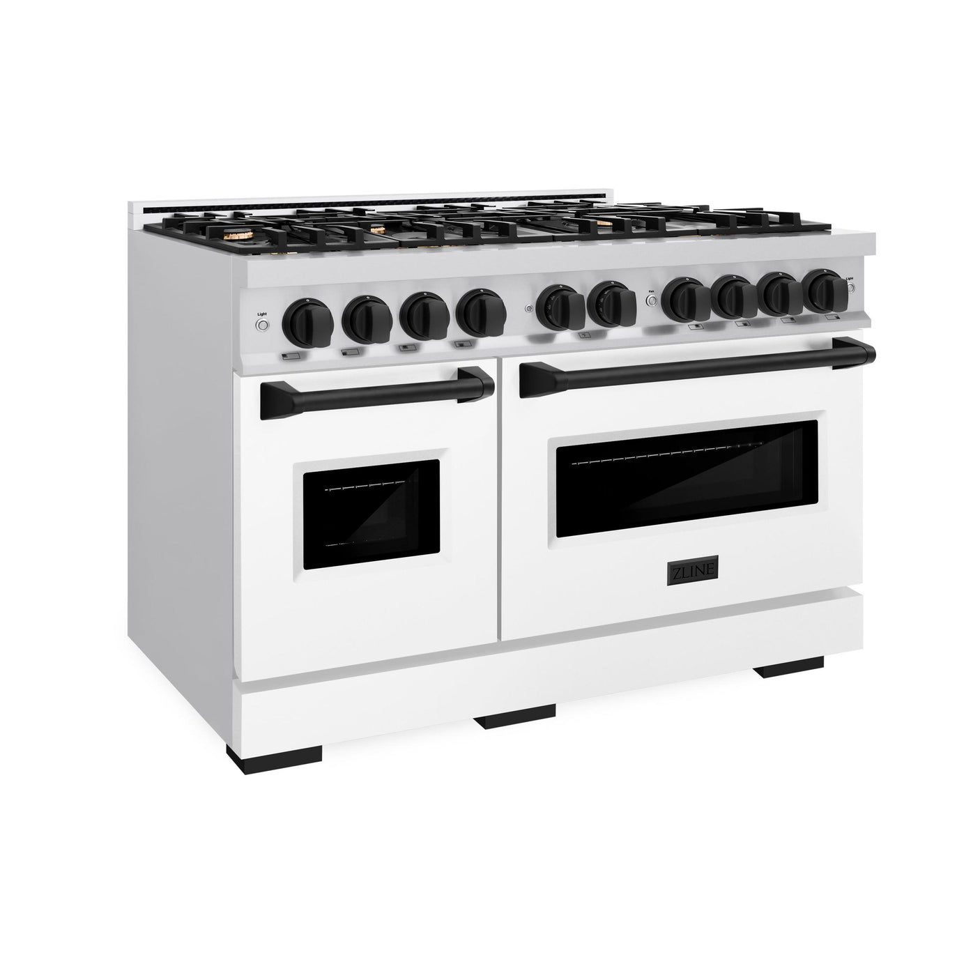 ZLINE Autograph Edition 48 in. 6.7 cu. ft. Classic Double Oven Gas Range with 8 Burner Cooktop in Stainless Steel with White Matte Doors and Matte Black Accents (CGRZ-WM-48-MB)