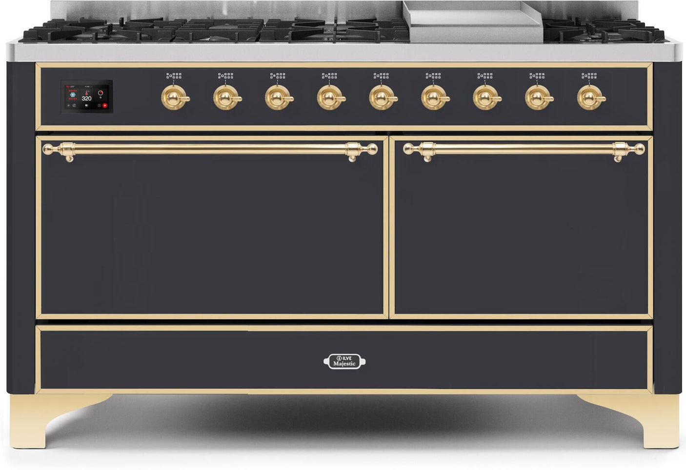 Majestic II 60 Inch Dual Fuel Natural Gas Freestanding Range in Matte Graphite with Brass Trim