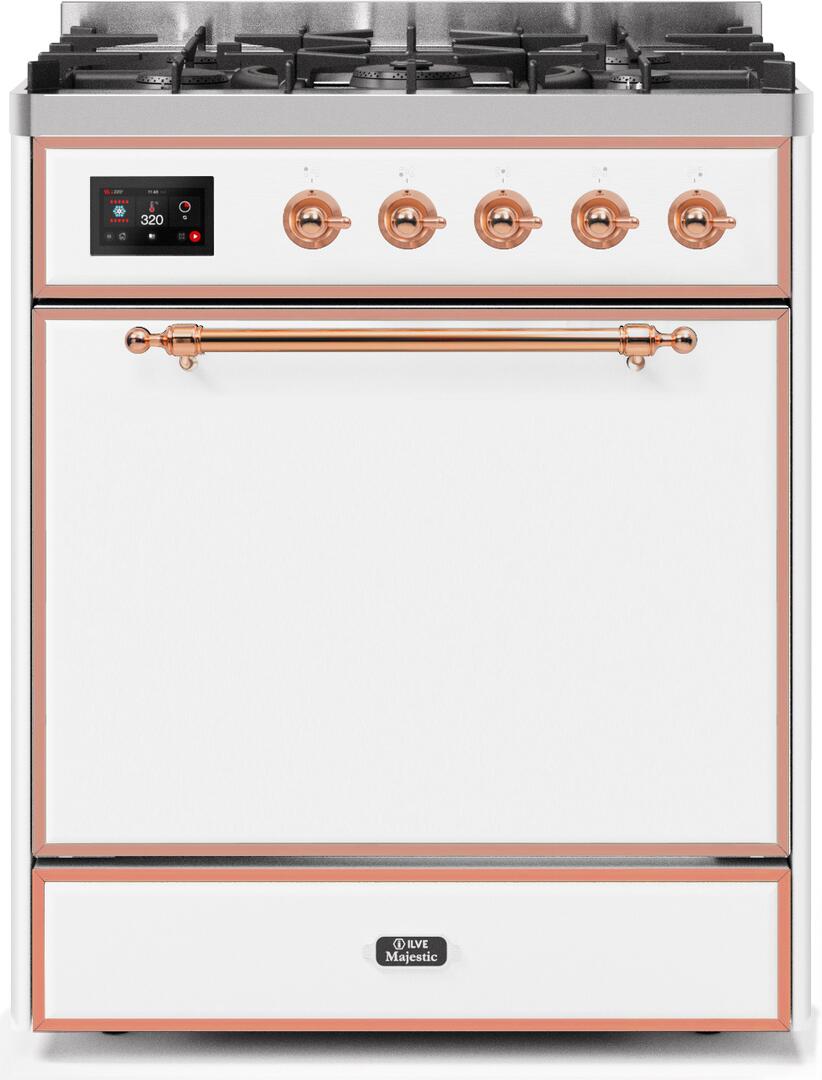 Majestic II 30 Inch Dual Fuel Natural Gas Freestanding Range in White with Copper Trim