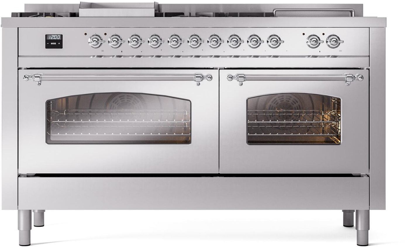 Nostalgie II 60 Inch Dual Fuel Natural Gas Freestanding Range in Stainless Steel with Chrome Trim