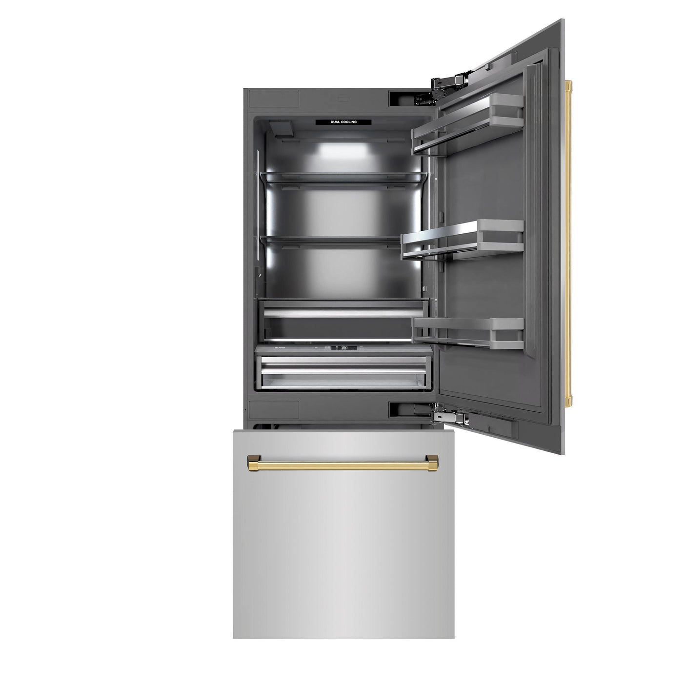 ZLINE Autograph Edition 30 in. 16.1 cu. ft. Built-In Bottom Freezer Refrigerator with Water Dispenser and Ice Maker in Stainless Steel with Graphite Gray Interior and Polished Gold Accents (GRBIVZ-304-30G)