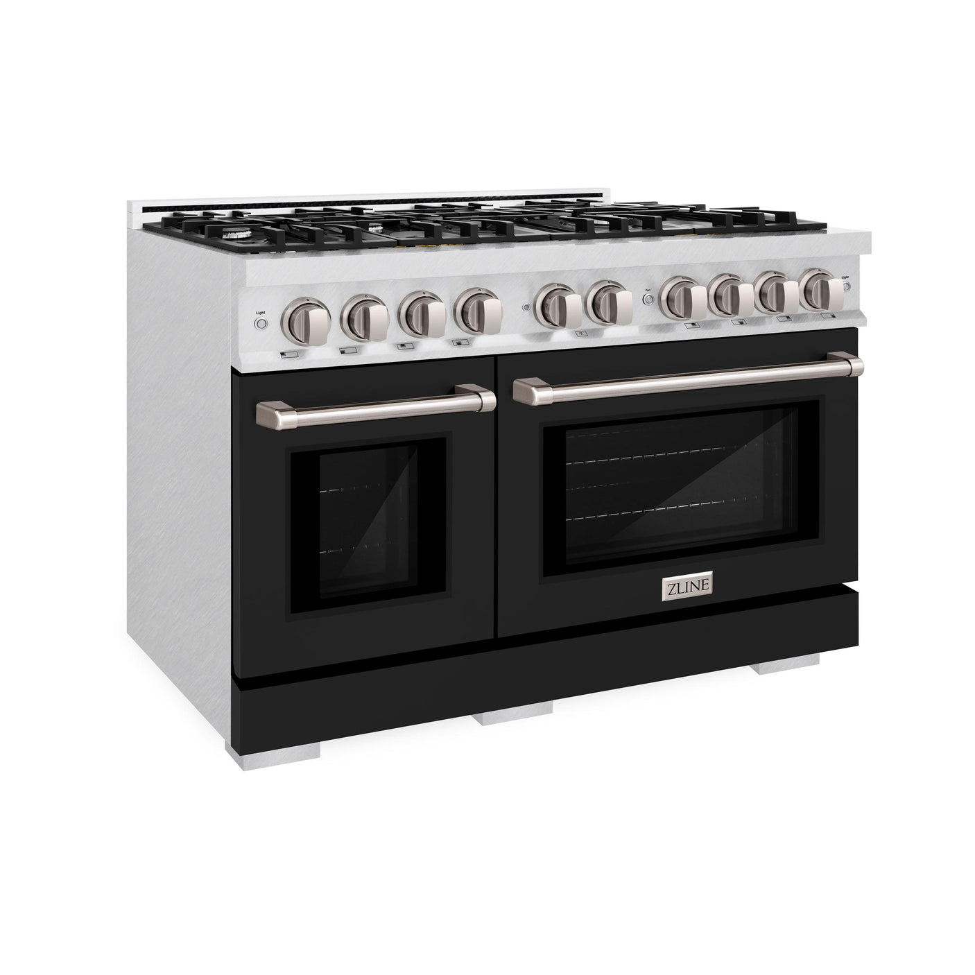 ZLINE 48 in. 6.7 cu. ft. Select Double Oven Gas Range with 8 Burner Cooktop in DuraSnow' Stainless Steel with Black Matte Doors (HGRS-BLM-48)