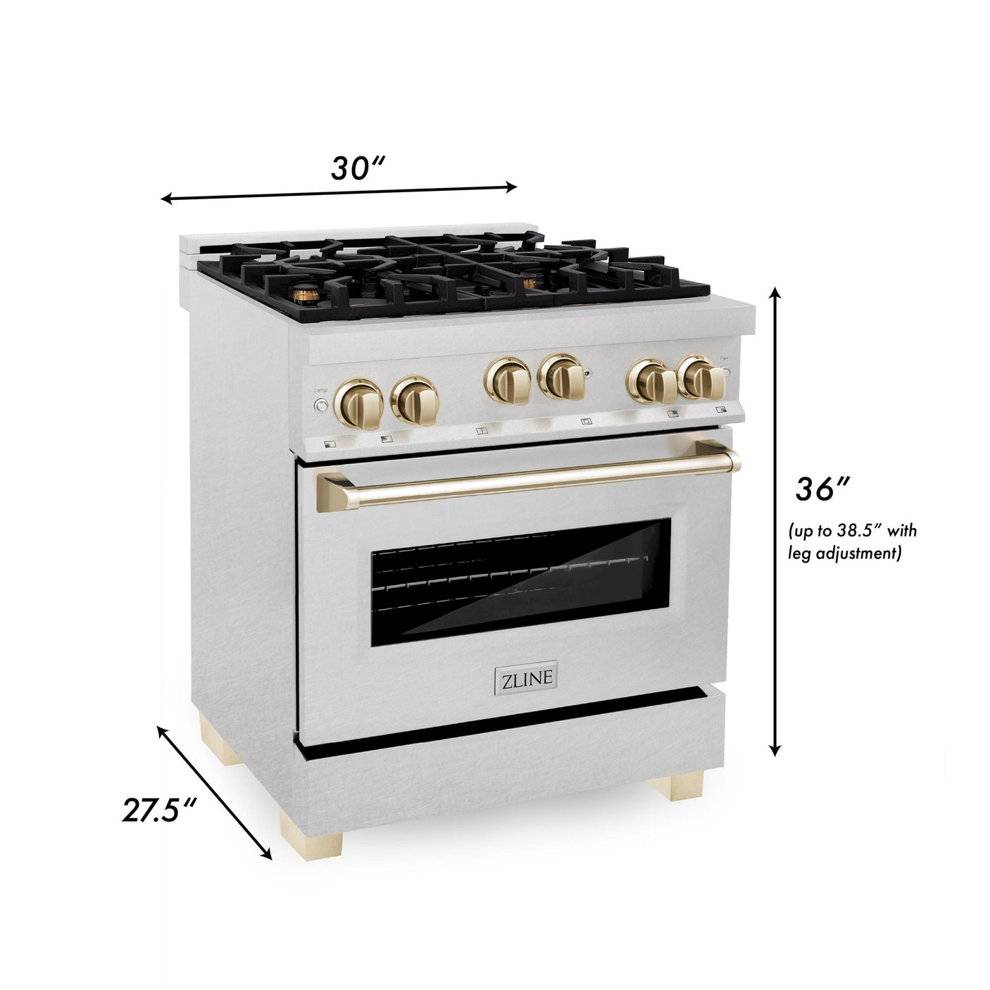 ZLINE 30" 4.0 cu. ft. Range with Gas Stove and Gas Oven in DuraSnow® Stainless Steel with Accents (RGSZ-SN-30) [Accent: Champagne Bronze]