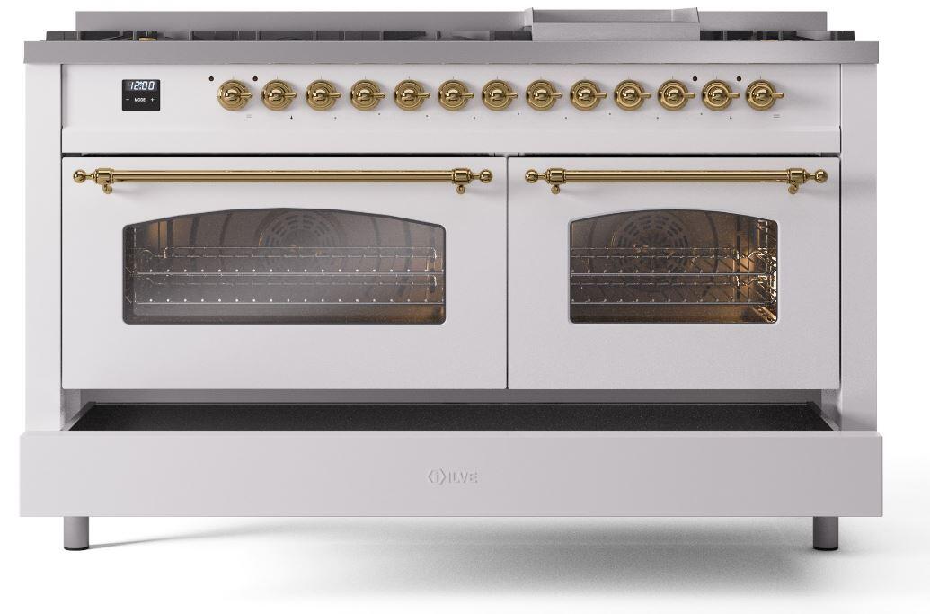 Nostalgie II 60 Inch Dual Fuel Natural Gas Freestanding Range in White with Brass Trim