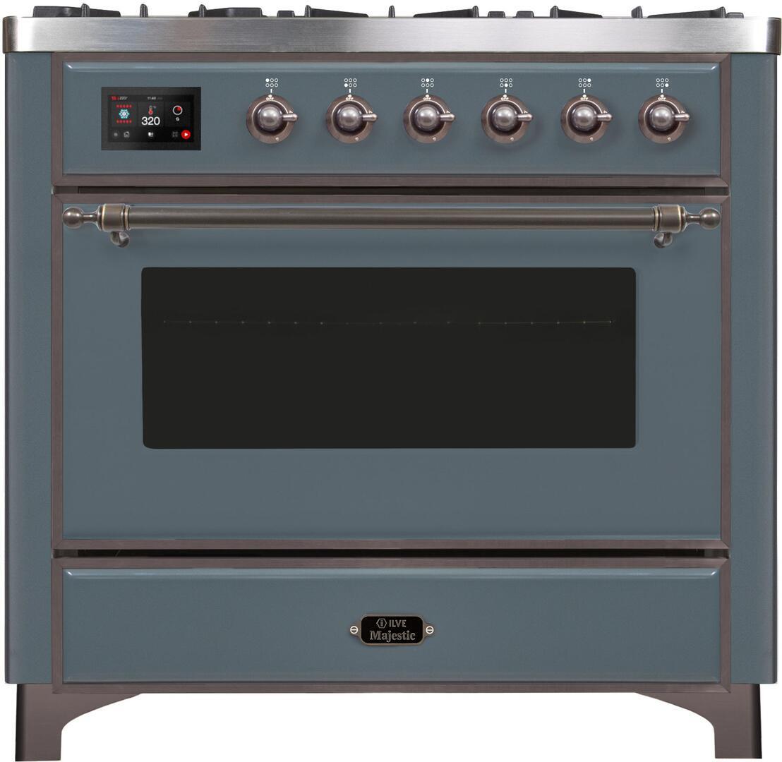 Majestic II 36 Inch Dual Fuel Natural Gas Freestanding Range in Blue Grey with Bronze Trim