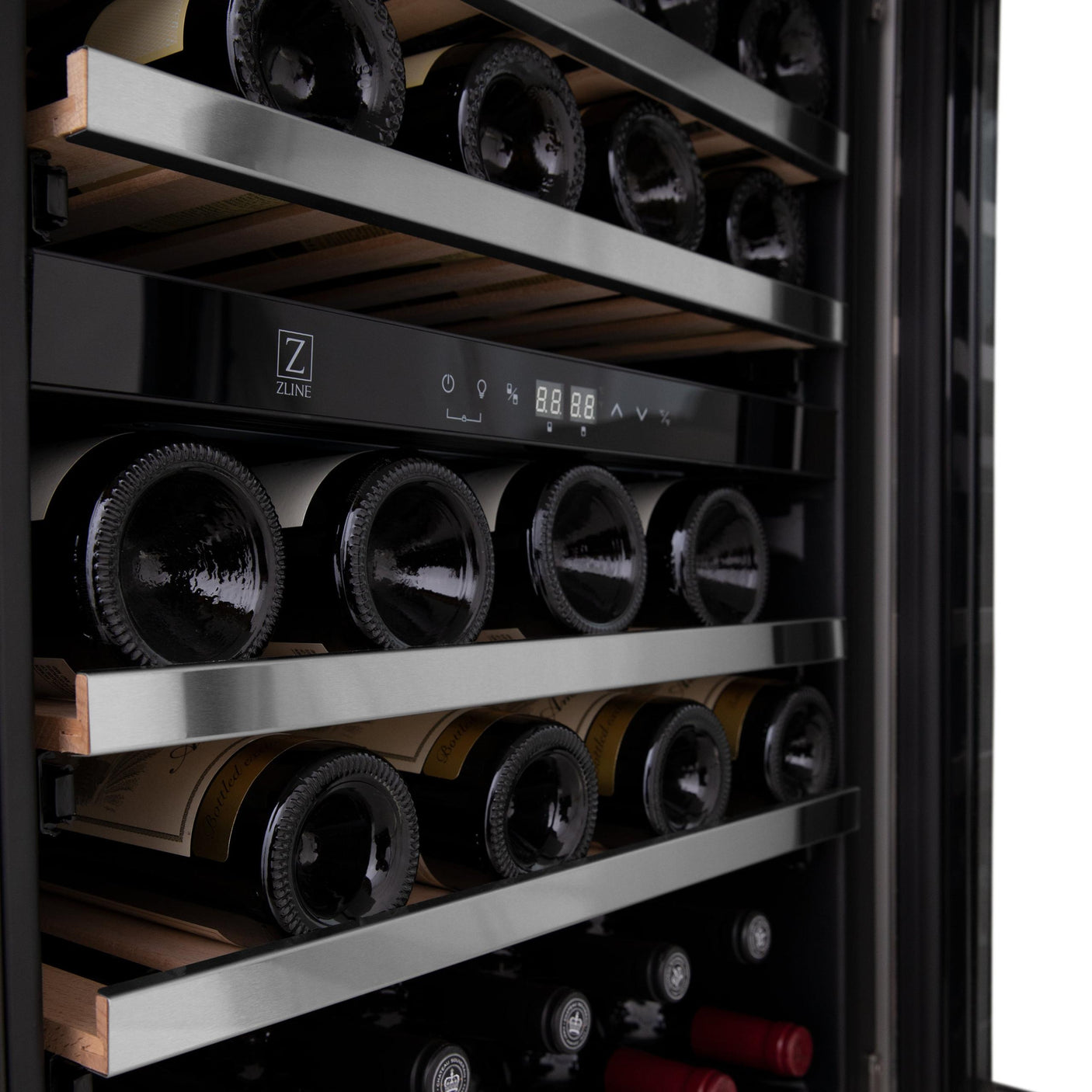 ZLINE 24" Autograph Edition Dual Zone 44-Bottle Wine Cooler in Stainless Steel with Wood Shelf and Matte Black Accents (RWVZ-UD-24-MB)