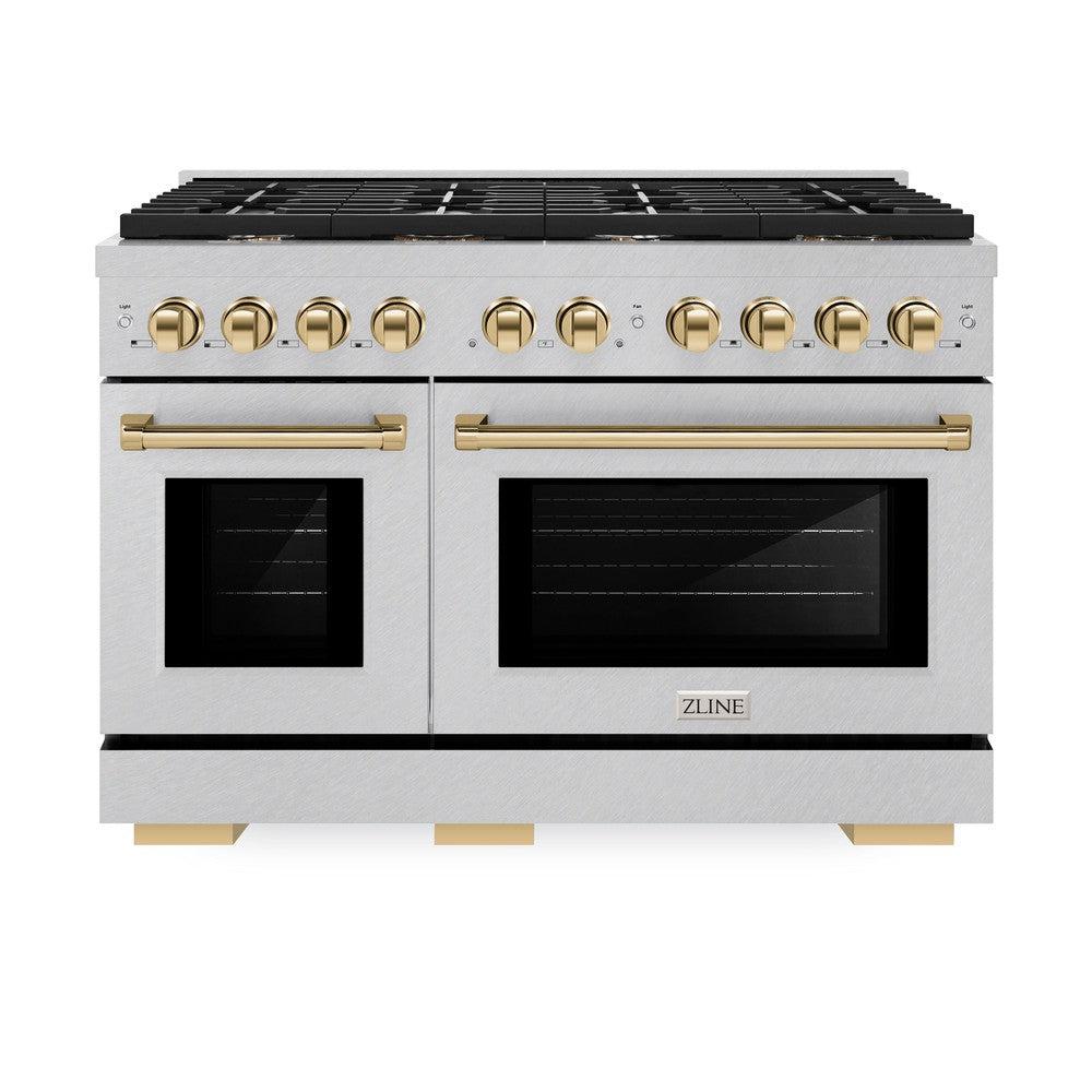 ZLINE Autograph Edition 48 in. 6.7 cu. ft. Paramount Double Oven Dual Fuel Range with 8 Burner Gas Cooktop in DuraSnow' Stainless Steel and Polished Gold Accents (SDRSZ-48-G)