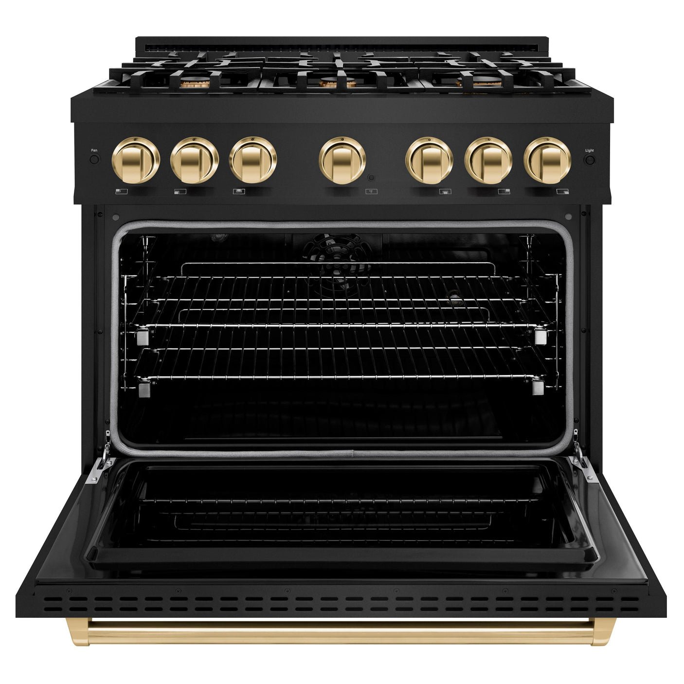 ZLINE Autograph Edition 36 in. 5.2 cu. ft. Classic Dual Fuel Range with 6 Burner Gas Cooktop and Electric Convection Oven in Black Stainless Steel with Polished Gold Accents (CDRBZ-36-G)