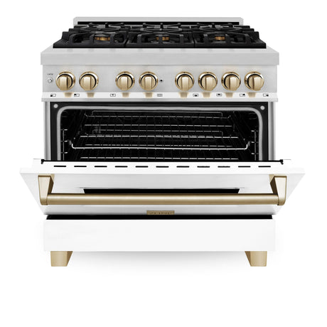 ZLINE Autograph Edition 36" 4.6 cu. ft. Dual Fuel Range with Gas Stove and Electric Oven in Stainless Steel with White Matte Door and Accents (RAZ-WM-36) [Color: Polished Gold Accents]