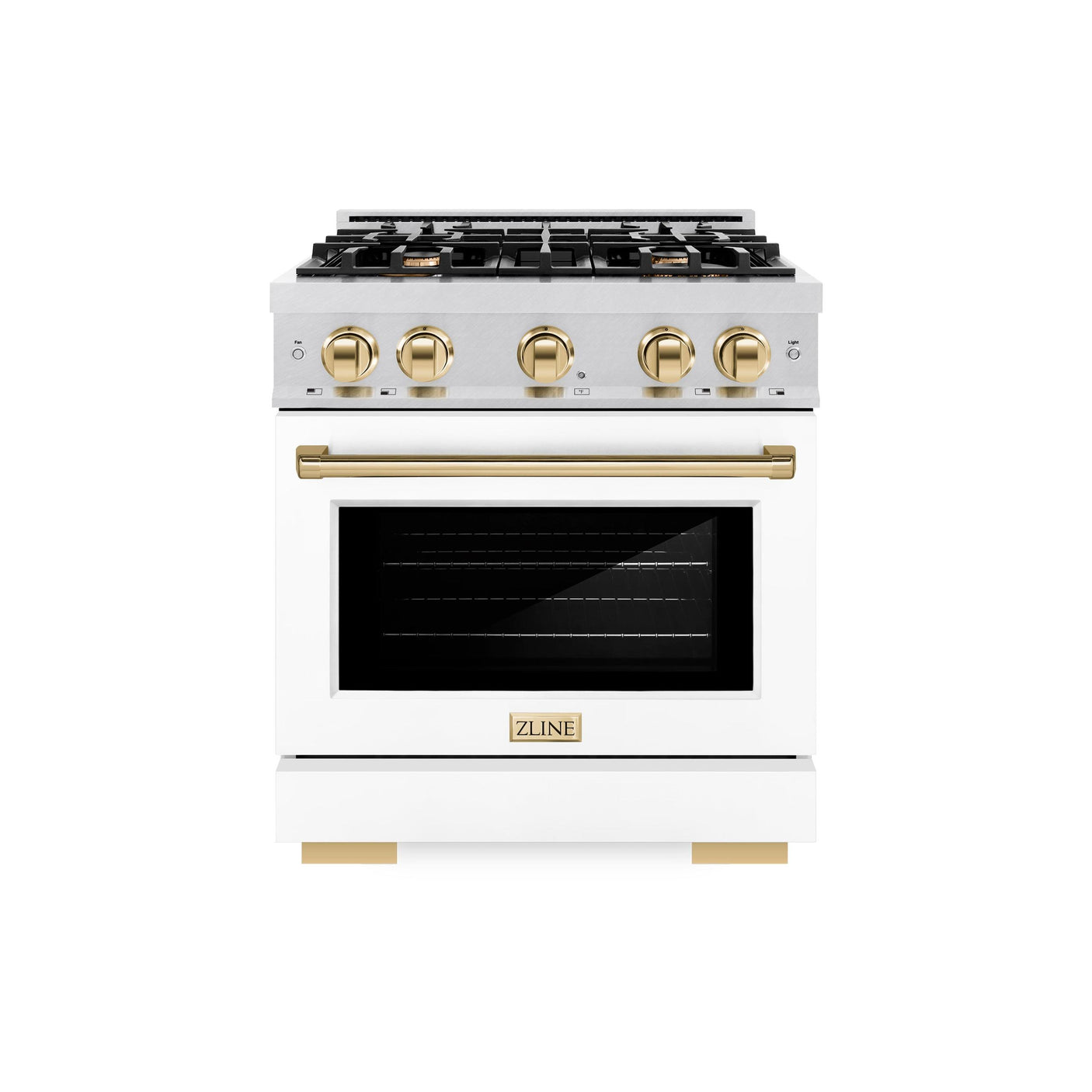 ZLINE Autograph Edition 30 in. 4.2 cu. ft. Select Gas Range with 4 Burner Cooktop and Convection Gas Oven in DuraSnow' Stainless Steel with White Matte Door and Polished Gold Accents (HGRSZ-WM-30-G)