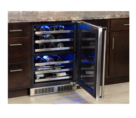 24" High Efficiency Dual Zone Wine Cellar - Panel Overlay, Frame Ready Glass Door - Integrated Left Hinge