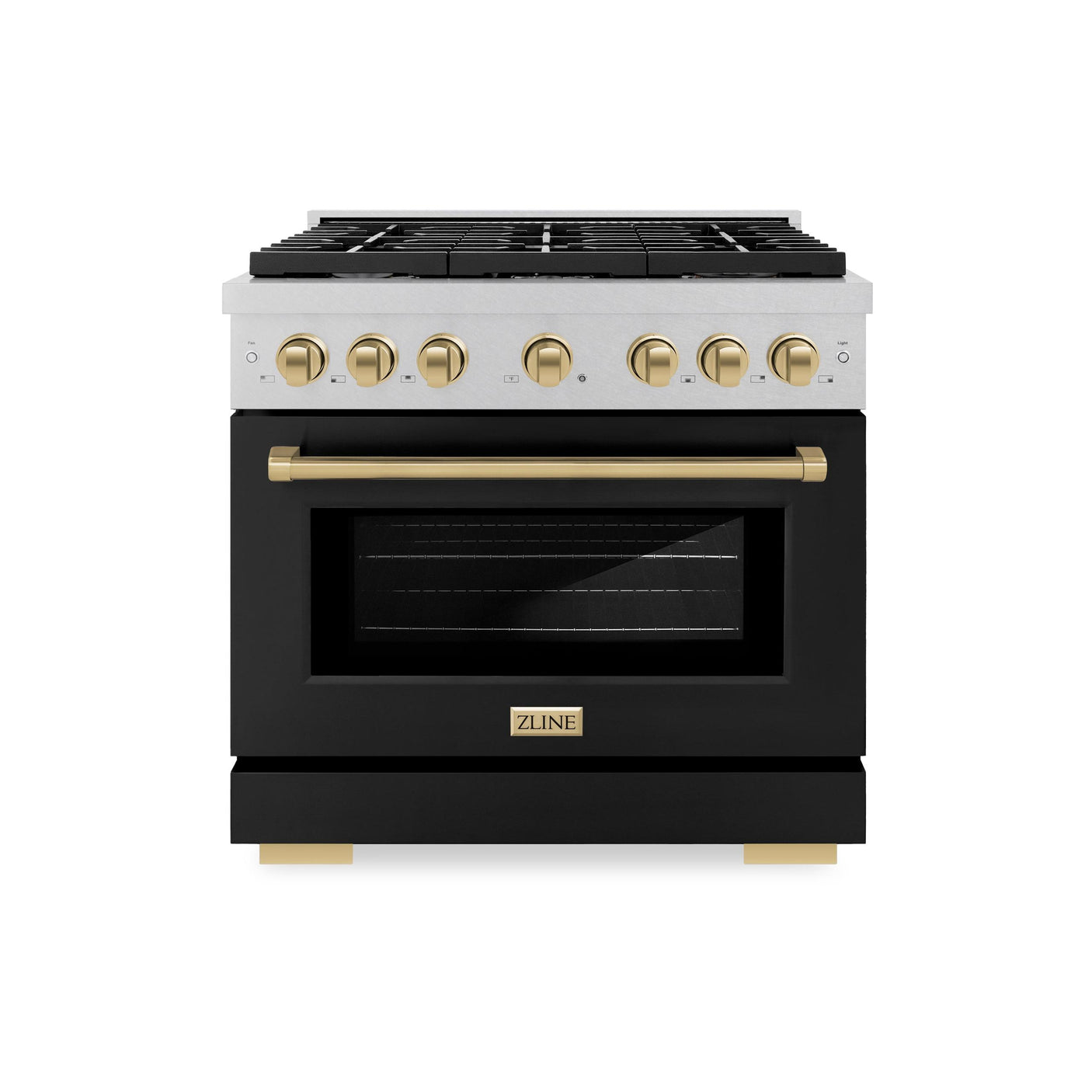 ZLINE Autograph Edition 36 in. 5.2 cu. ft. Paramount Dual Fuel Range with 6 Burner Gas Cooktop and Electric Convection Oven in DuraSnow' Stainless Steel with Black Matte Door and Champagne Bronze Accents (SDRSZ-BLM-36-CB)