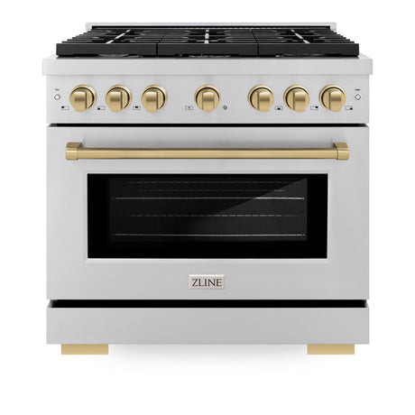 ZLINE Autograph Edition 36 in. 5.2 cu. ft. 6 Burner Gas Range with Convection Gas Oven in Stainless Steel and Champagne Bronze Accents (SGRZ-36-CB)