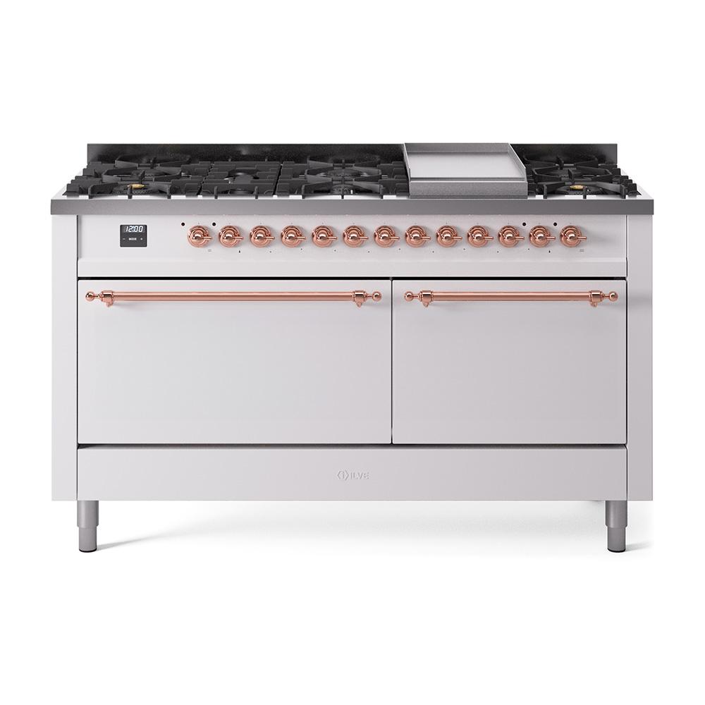 ILVE Nostalgie II 60 UP60FQNMPWHP Freestanding Dual Fuel Range with 9 Sealed Burners Yes Double Oven with Solid Door in White with Copper knobs