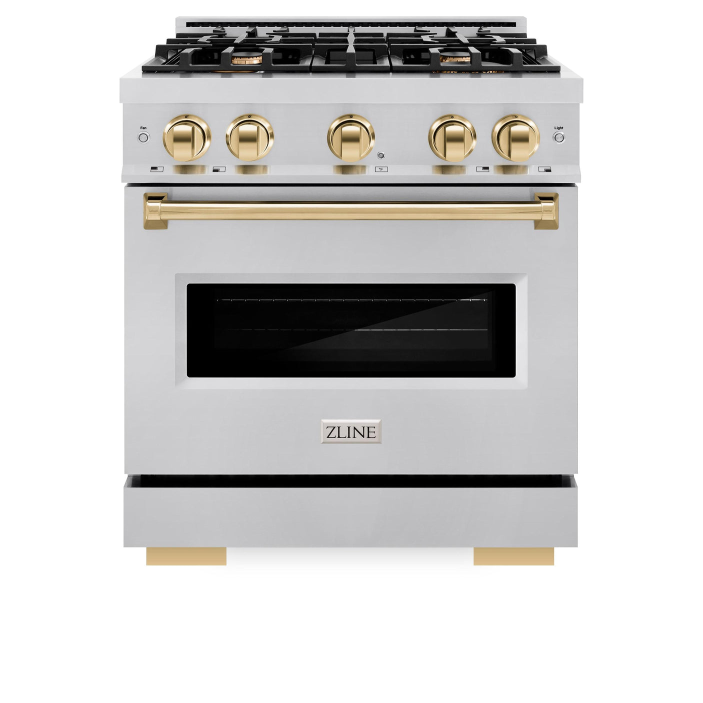 ZLINE Autograph Edition 30 in. 4.2 cu. ft. Classic Gas Range with 4 Burner Cooktop and Convection Gas Oven in Stainless Steel and Polished Gold Accents (CGRZ-30-G)