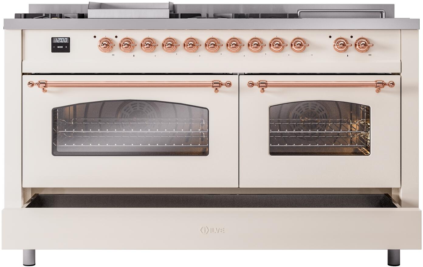 Nostalgie II 60 Inch Dual Fuel Liquid Propane Freestanding Range in Antique White with Copper Trim